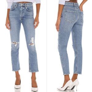 AGOLDE Jeans 24 Womens Blue High Rise Riley‎ Straight Crop Jeans Distressed